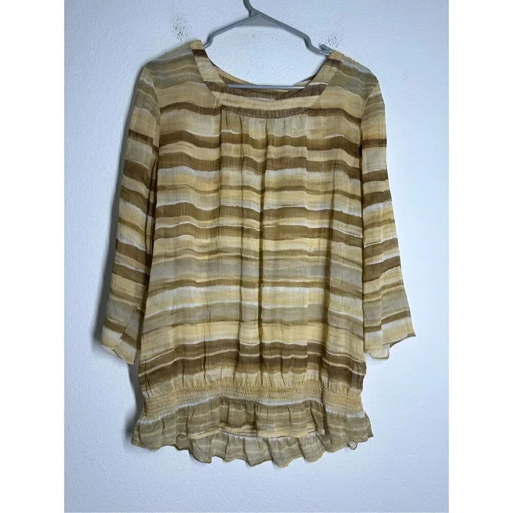 Chico's Sheer Bohemian Top Fall Colorful 3/4 Sleeve Tan Gold Brown Size 3 / XL